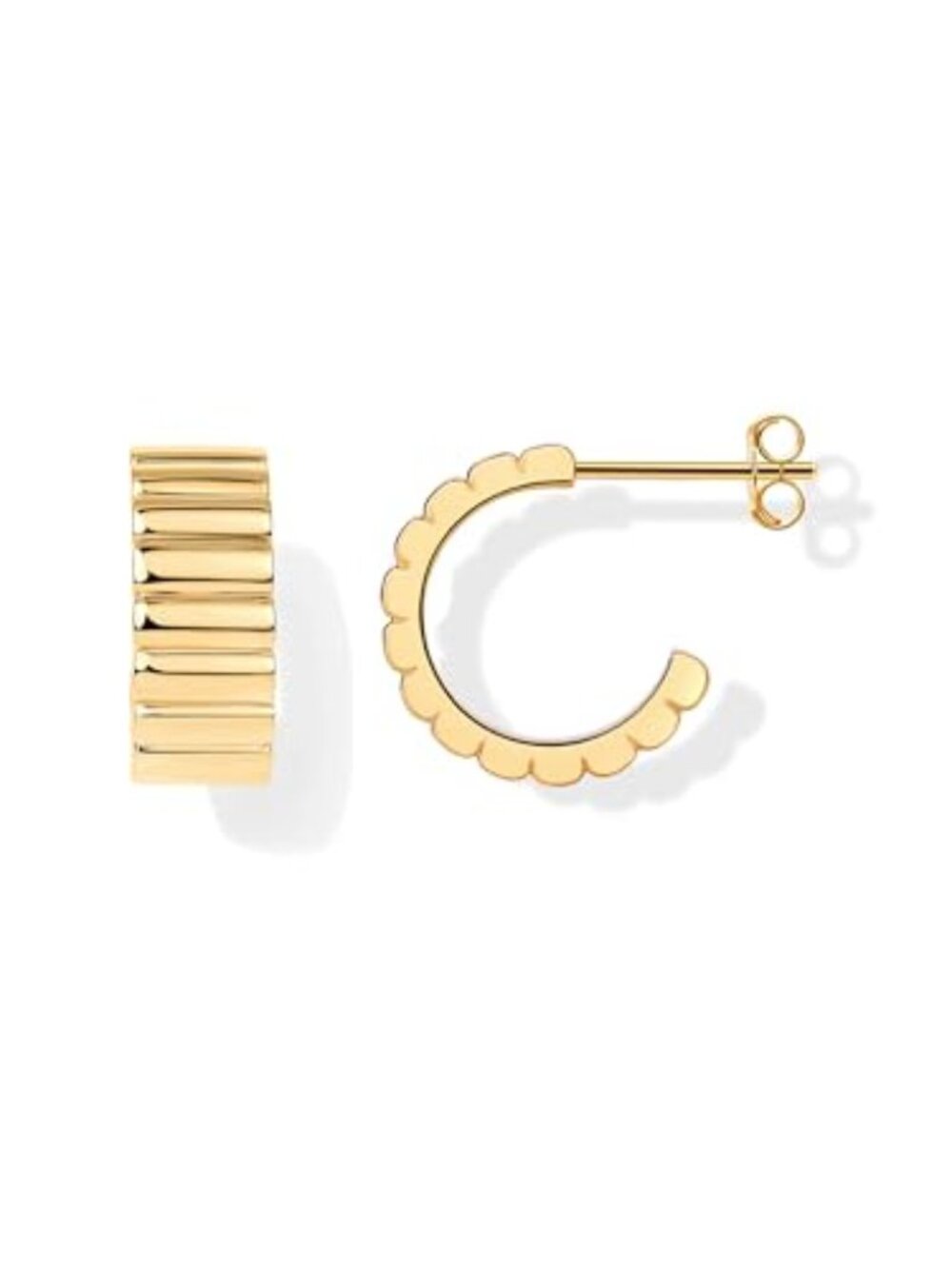 14K Gold Plated Ribbed Hoop Earrings for Women - Chunky Ridge Statement Earrings
